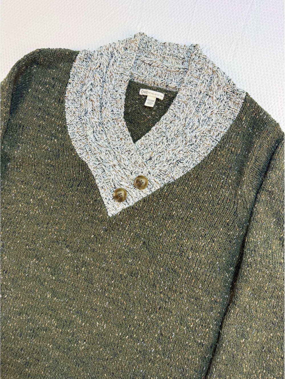 Cato Sweater Womens 22/24W Olive Green Marled Shawl Collar Cottagecore